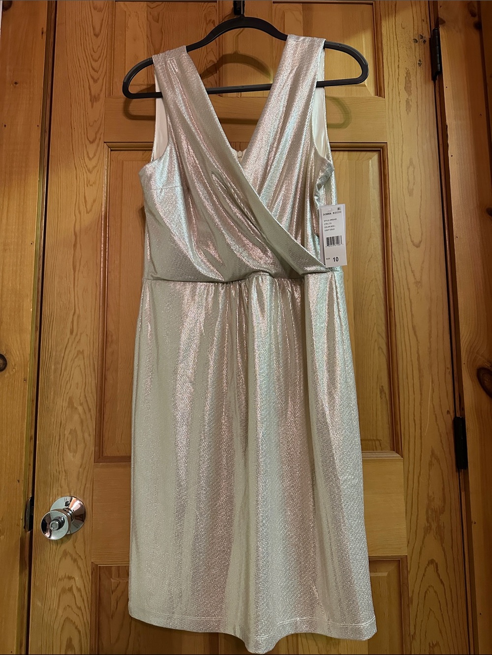 NWT Donna Ricco Sleeveless Iridescent Silver V-Neck Dress